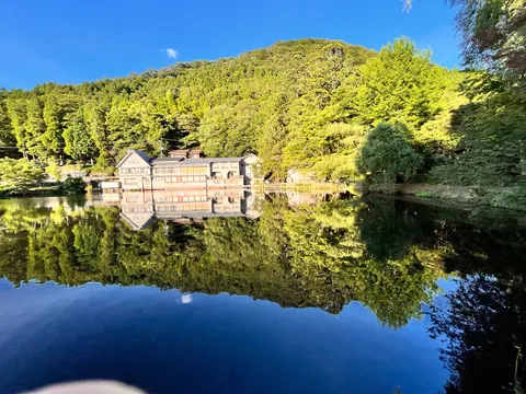 湖面に映る緑の山と建物