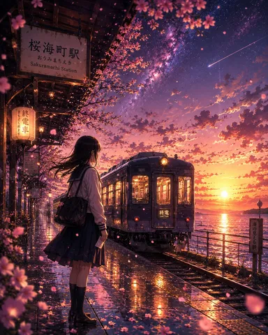 桜舞う終電の駅