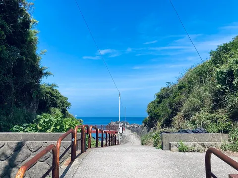 海への一本道、青い空と緑のコントラスト