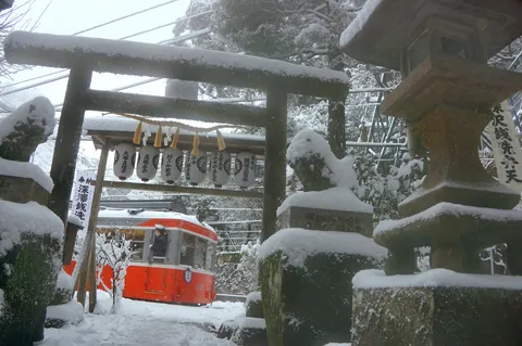 雪化粧の鳥居と路面電車
