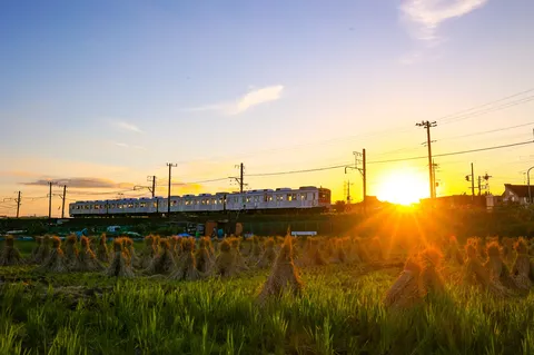 夕陽と列車の風景