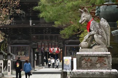 石のキツネと鳥居のコントラスト