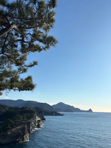 緑と青のコントラスト、波穏やかな海