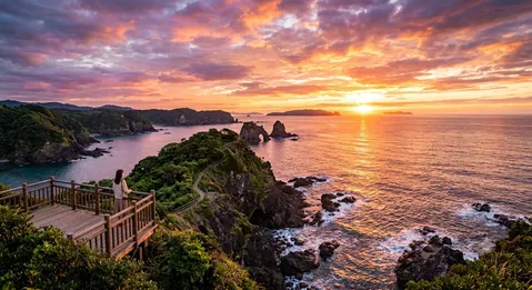 夕陽と海、奇岩と灯台