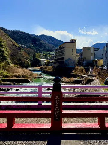 橋の赤が鮮やか！山の緑と空の青