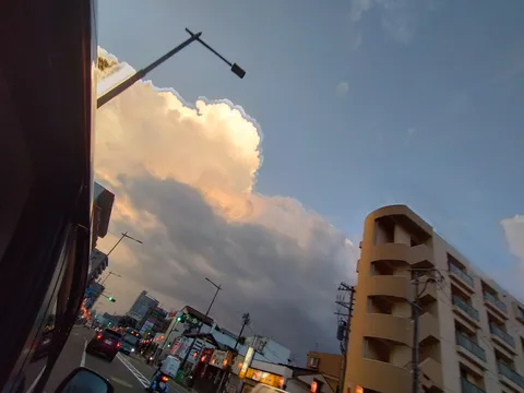 夕暮れの空と街灯、車窓からの眺め