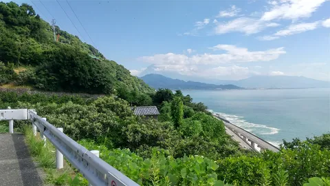 海沿いの道から望む富士