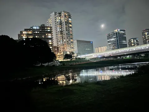 夜の水辺に映る街の影