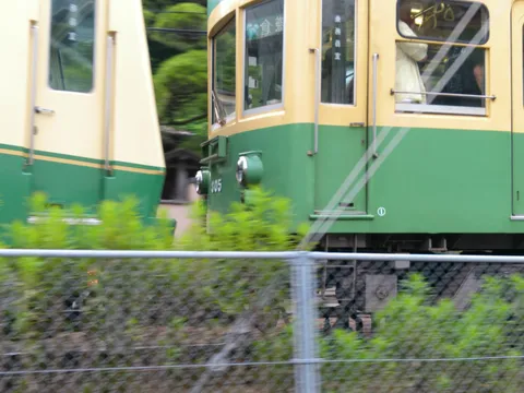 疾走する列車の緑とクリーム