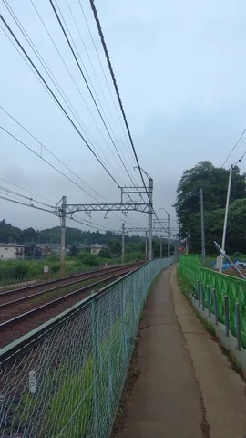 曇り空の下、線路沿いの道