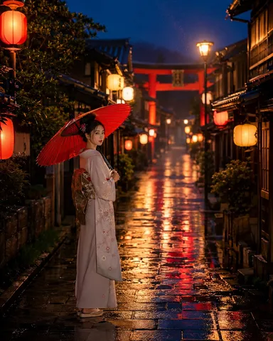 雨音に佇む、古都の灯り