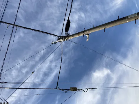 見上げる電線と青い空