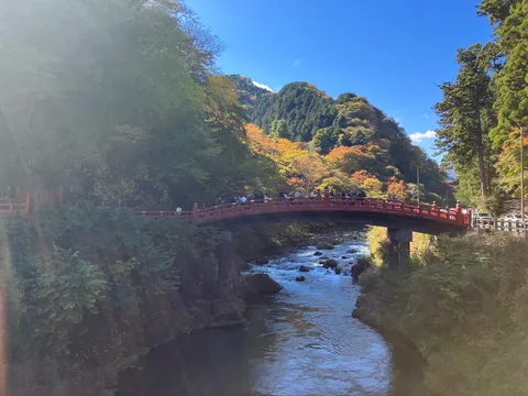 紅葉と清流を渡る朱色の橋