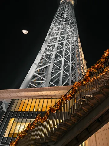 月夜にそびえるタワーと光の階段