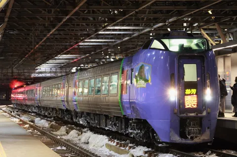 紫光の列車が呼ぶ夜の駅