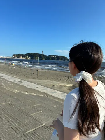 夏の終わりの海辺、遠い島を望む