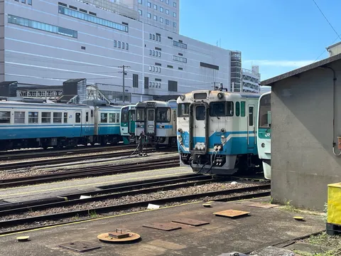 線路に並ぶ色彩の列車