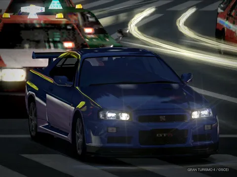 夜のサーキット、青いGT-R