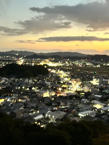 灯火が灯る街の夕暮れ