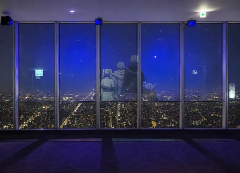 見下ろす夜景とアニメキャラ